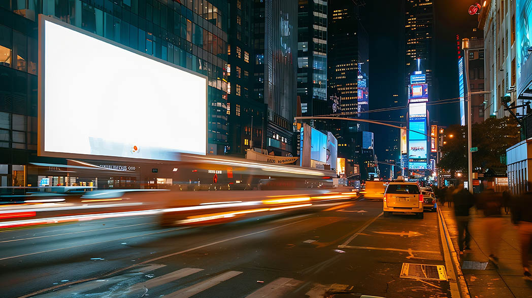 Illuminated digital billboards across a dense city intersection at night